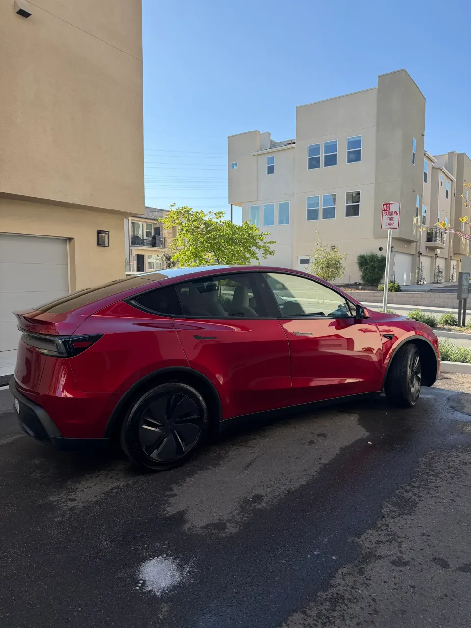 Tesla Model Y exterior after complete detail — paint gleaming, wheels clean