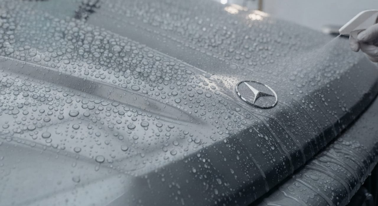 Water beading tightly on the freshly ceramic-coated hood of a silver G63 AMG