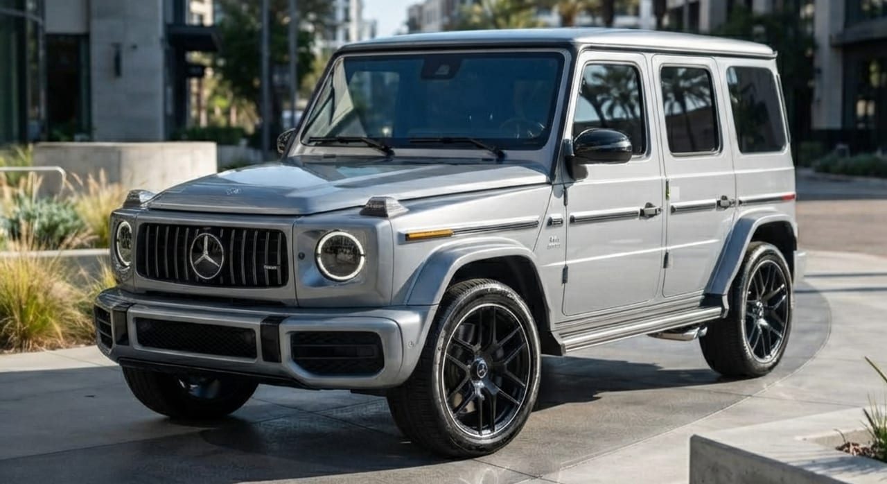 Deep glossy reflections on a freshly ceramic-coated silver G63 AMG parked in San Diego