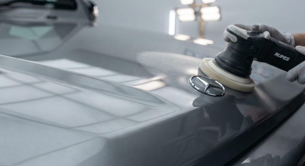 Technician machine-polishing the hood of a silver G63 AMG with a dual-action polisher under bright lighting