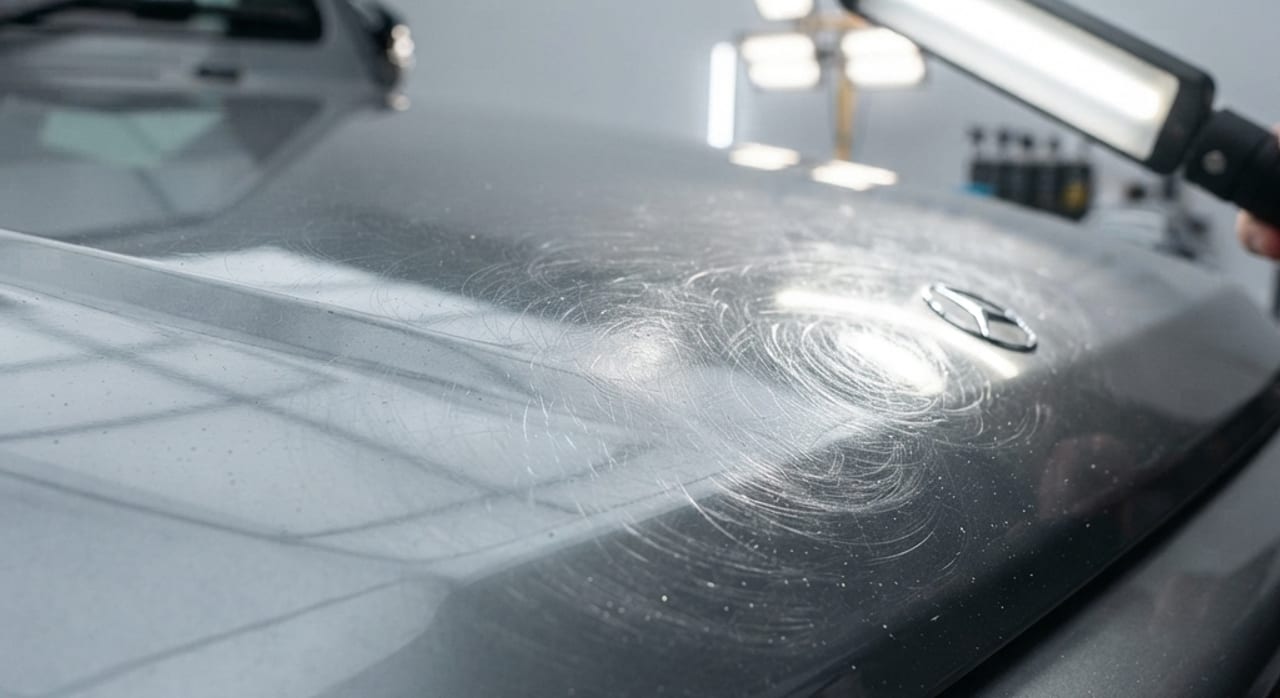 Fine swirl marks and light scratches revealed under inspection lighting on a silver G63 AMG hood