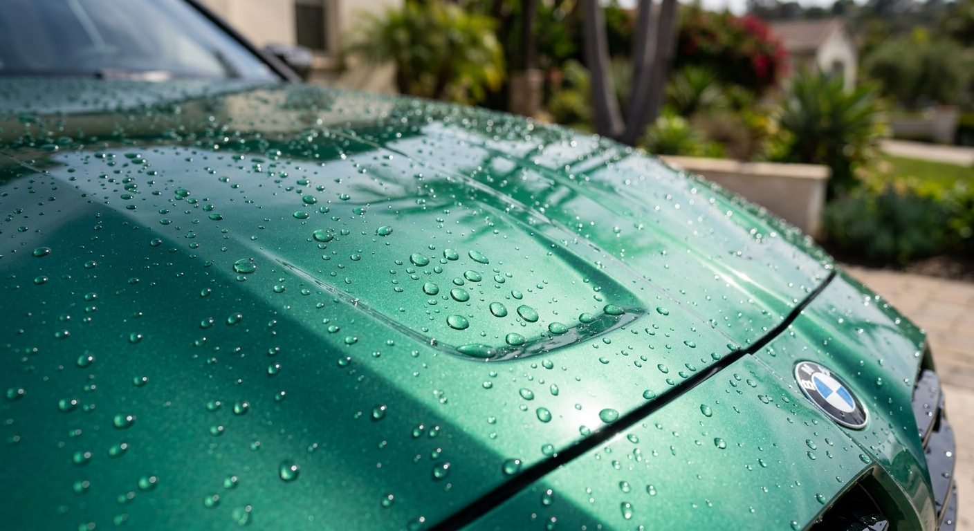 Water beading tightly on the ceramic-coated hood of a green BMW M3