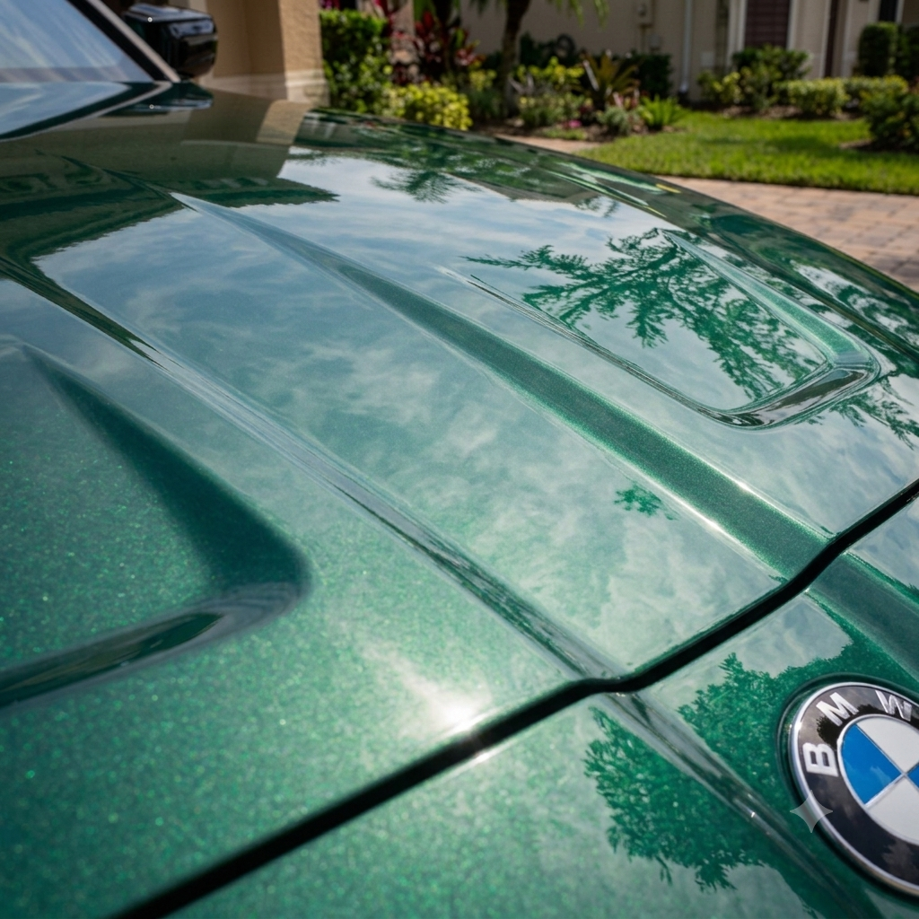 Deep glossy reflections on the freshly detailed hood of a green BMW M3