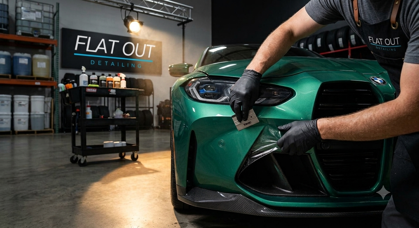 Flat Out Detailing installer applying paint protection film to the front bumper of a green BMW M3