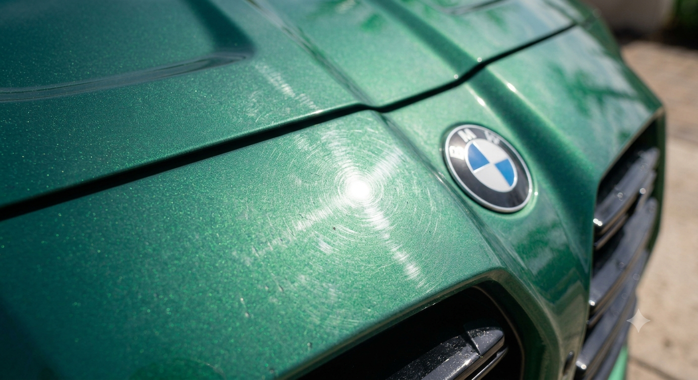 Close-up of a green BMW M3 hood showing fine swirl marks and light scratches in the clear coat