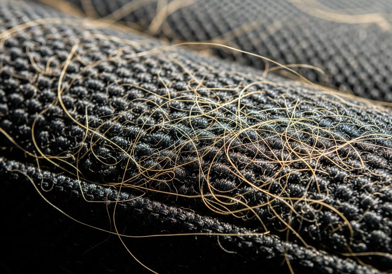 Close-up of pet hair embedded in car seat upholstery