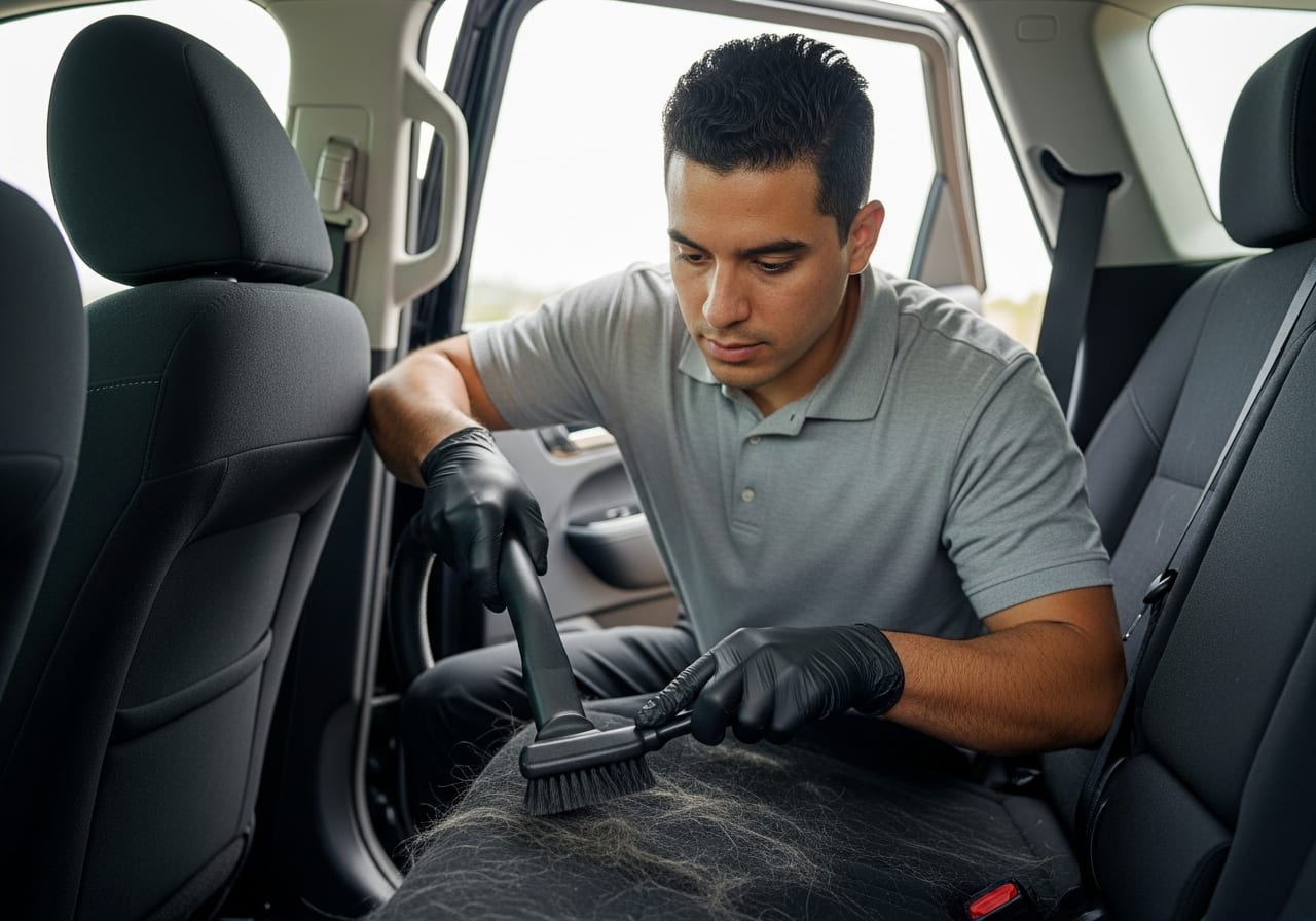 Professional detailer removing pet hair from a car seat with a brush and vacuum