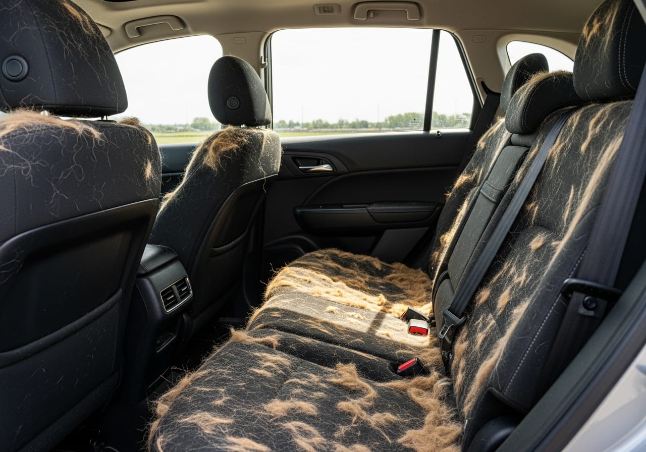 Car back seat covered in dog hair before detailing